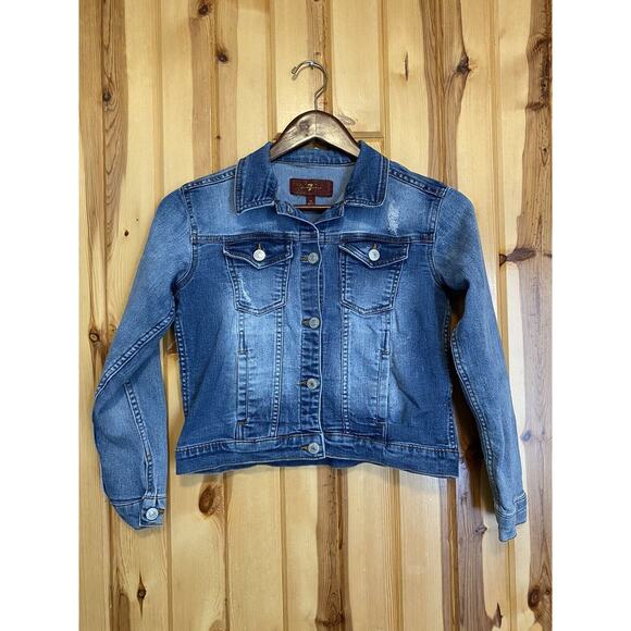 7 For All Mankind Denim Jacket Girls M Trucker Distressed Flap Pockets Stretchy - Picture 1 of 8